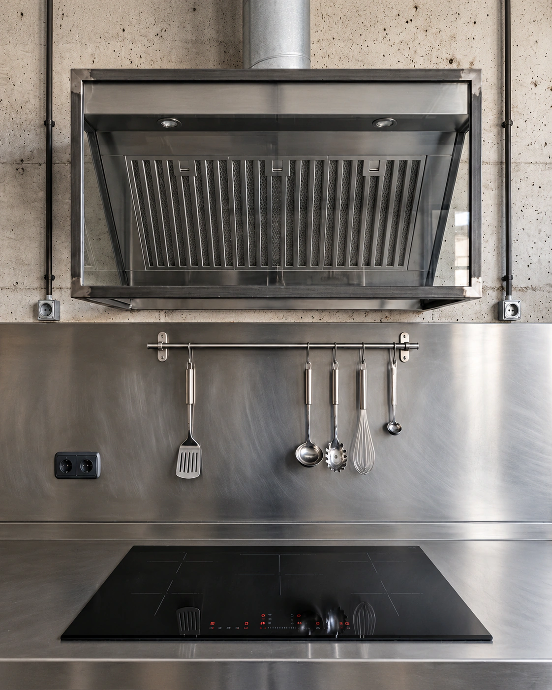 Cocina de acero y azulejos con una campana industrial