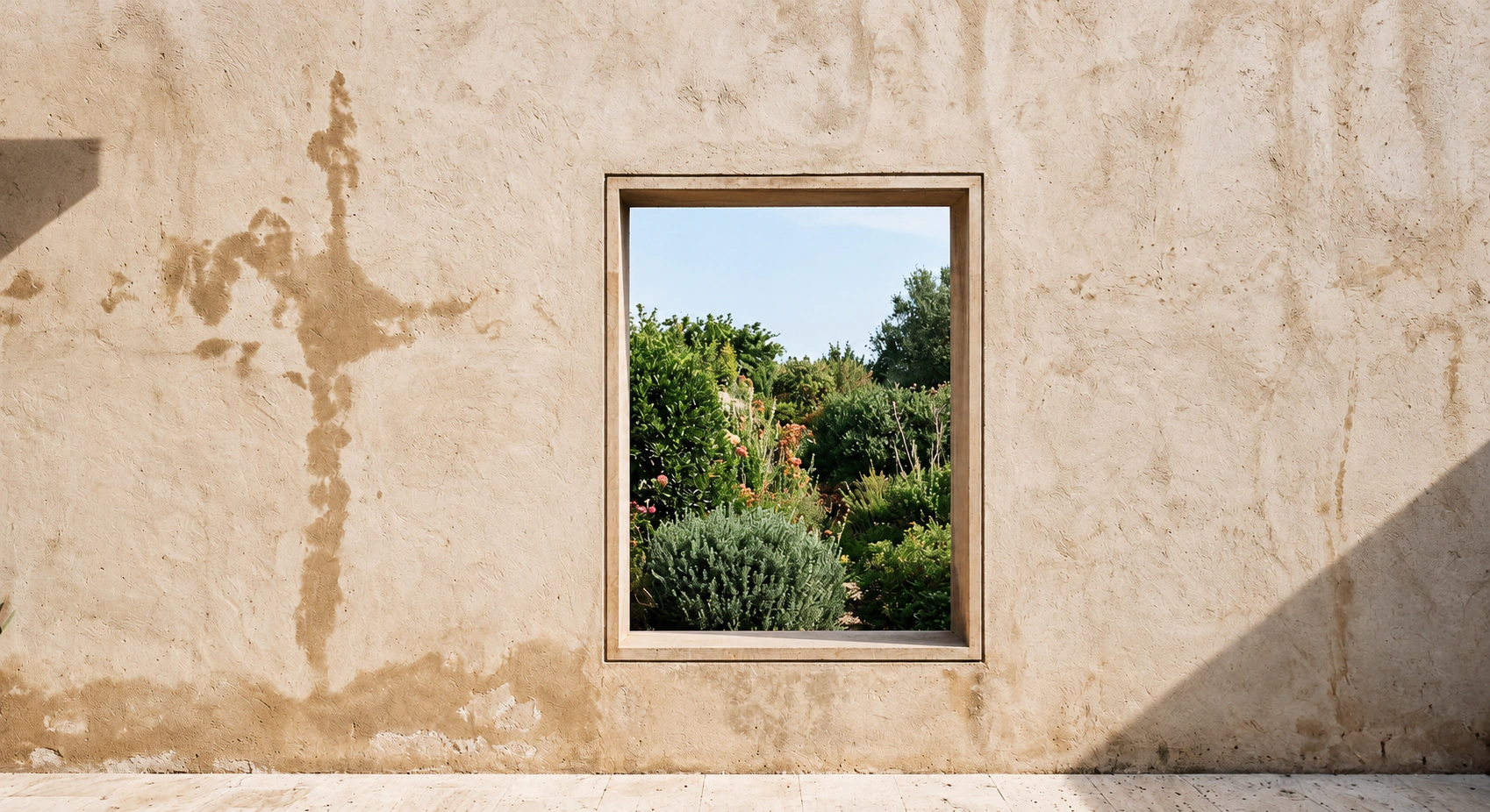 Ventana abierta al verde en una pared de textura mineral