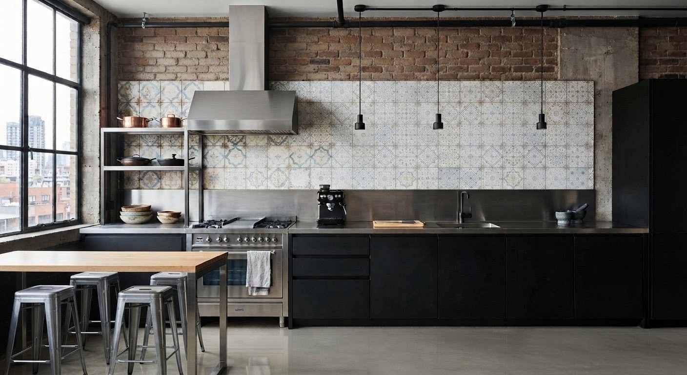 Cocina industrial con acero, azulejo decorado y ladrillo visto