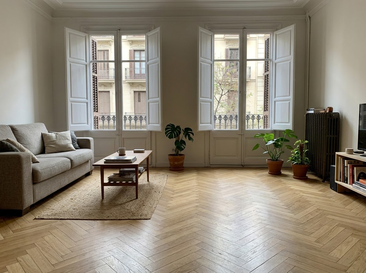 Salón con suelo de madera en espiga y balcones con contraventanas blancas